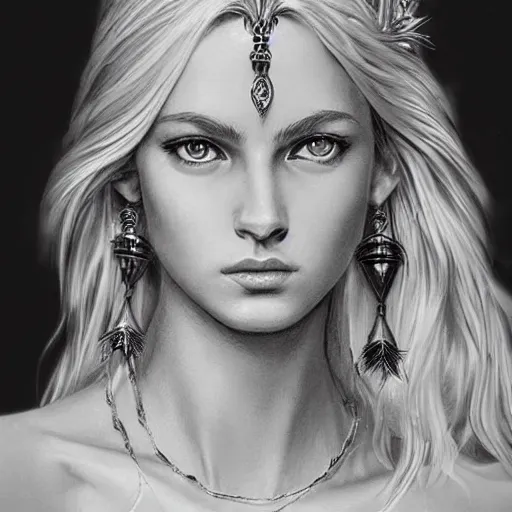 Image similar to sketch drawing of beautiful greek goddess aphrodite with arrowhead earrings and beautiful feather jewelry, beautiful piercing eyes, beautiful blonde hair, hyper realistic face, in the style of greg rutkowski, fantasy, amazing detail, epic, elegant, smooth, sharp focus, from the front