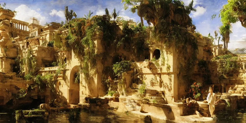 Image similar to beautiful landscape oil matte painting, of bustling empire hanging gardens of babylon, art by anders zorn, wonderful masterpiece highly detailed, beautiful cinematic light deep focus, elegant, digital painting, smooth, sharp focus, golden ratio, dramatic illumination, ultra realistic, 8 k, art by artemisia lomi gentileschi and caravaggio