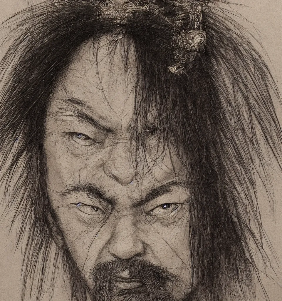 Image similar to detailed portrait, face of a samurai wizard shaman, yoshitaka amano