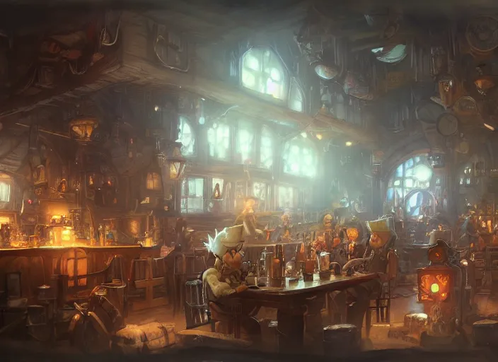 Image similar to A gnomish steampunk tavern, by Greg Rutkowski and James Gurney, trending on Artstation