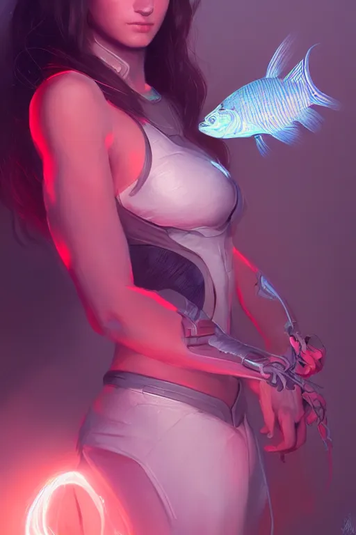 Image similar to portrait of a girl with a biomechanic scale fish and neon light by Artgerm and Greg Rutkowski , digital painting, highly detailed, trending on artstation