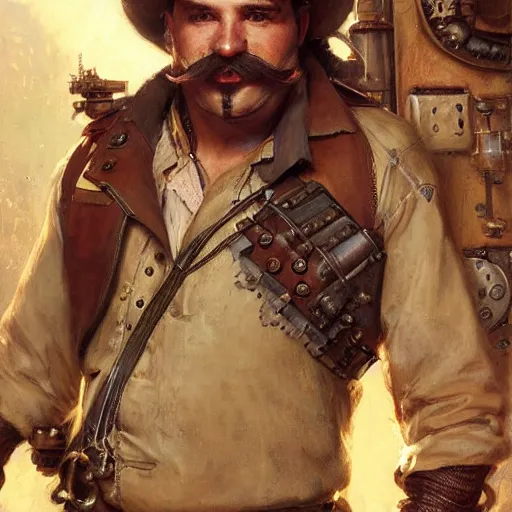 Image similar to a steampunk craftsman, burly with moustache, character portrait by greg rutkowski, gaston bussiere, craig mullins