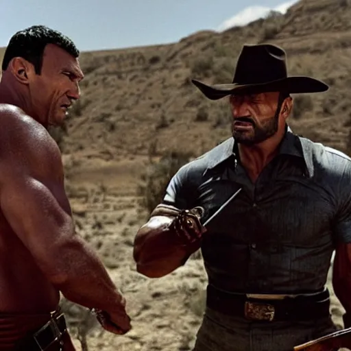 Image similar to the good, the bad, the ugly with dwayne johnson, volodymyr klitschko and nikolai valuev in a mexican standoff, cinematic still