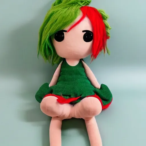 Prompt: a cute plush doll of a girl with green fire hair