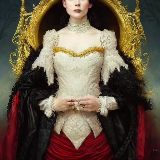 Prompt: portrait of a red king, sharp focus, black hair, baroque, full body, highly detailed, intricate, masked, white, regal clothing, gold ethereal light, high fantasy, by livia prima