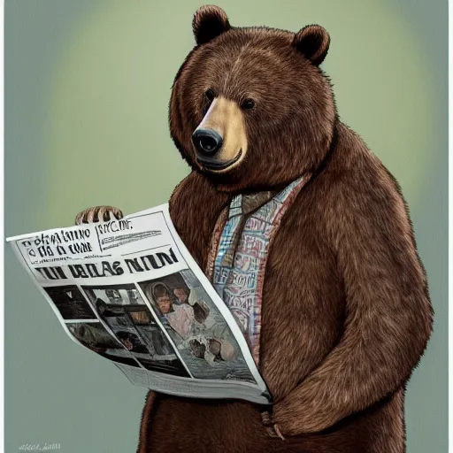 Image similar to a bear wearing a paisley shirt reading newspapers, highly detailed, portrait painting, illustration by scott gustafson and art station