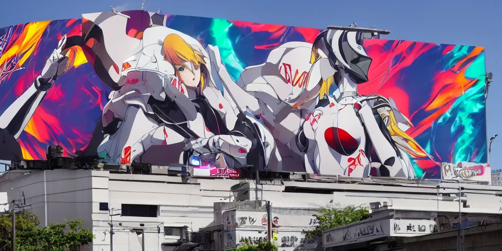 Image similar to billboard advertisement with an extremely beautiful photo of a white marble statue of an anime girl with colorful motocross logos and motorcycle helmet with closed visor, colorful smoke in the background, carved marble statue, fine art, neon genesis evangelion, virgil abloh, offwhite, denoise, highly detailed, 8 k, hyperreal