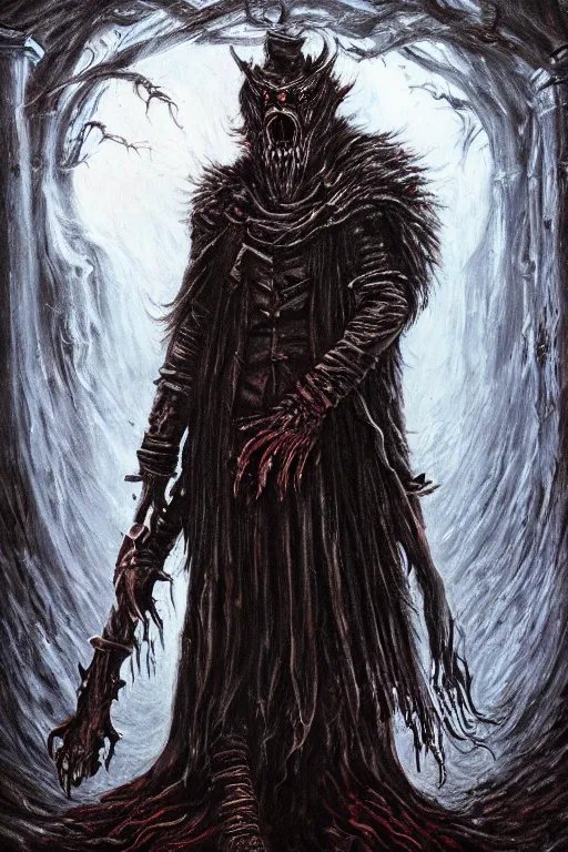 Image similar to bloodborne werewolf oil painting, horror, lovecraftian horror,