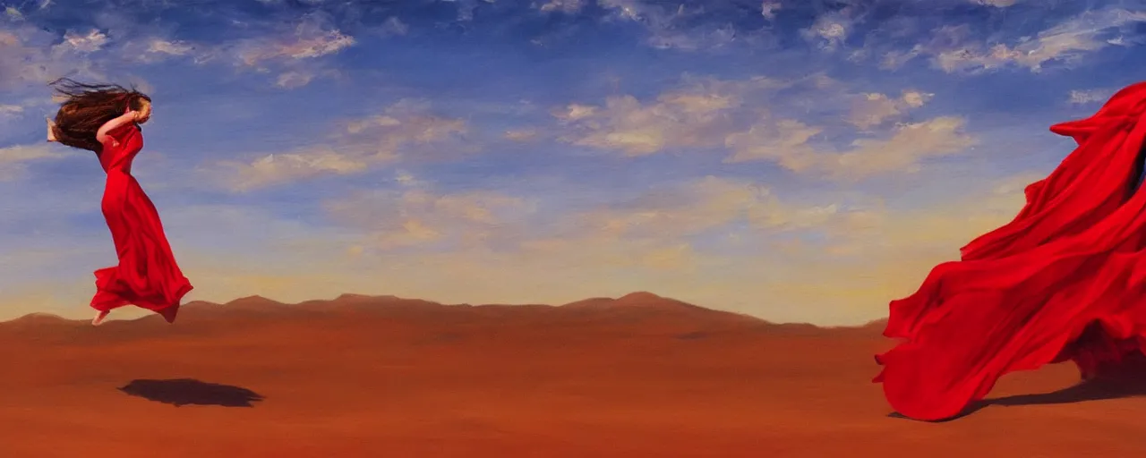 Prompt: A woman in an endless red cape floating across the sky dancing across the desert sky, painterly style, oil painting, realistic