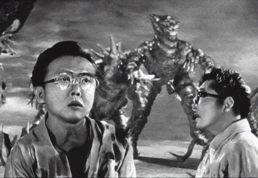 Image similar to a filmstill of pulgasari, kaiju starfish, monster movie, korean film noir, 1 9 5 0 s thriller, kim jong - il, in the style of rashomon and godzilla