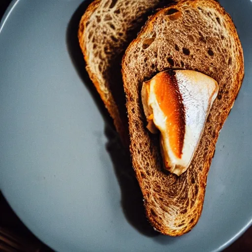 Prompt: toast with nutella and a fish head, food photography, 5 0 mm f / 1. 6, bokeh, sigma lens, elegant