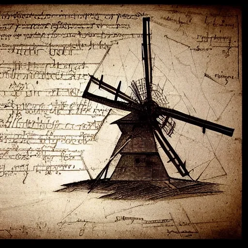 Prompt: old pencil sketch by leonardo davinci blueprint! of a windmill, very detailed technical sketch, annotation, quotes, written dimensions, monochromatic, sepia tones, old paper