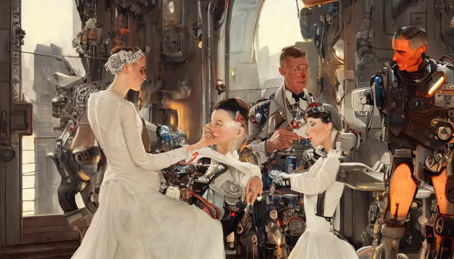 Image similar to A Norman Rockwell painting of cyborg wedding 2050s, amazing composition, cinematic lighting, high resolution, octane rendered, unreal engine, illustration, trending on artstation, masterpiece, 8k