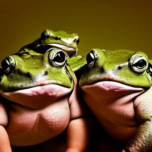 Image similar to 3 fat obese frogs playing in a band, high-definition photograph