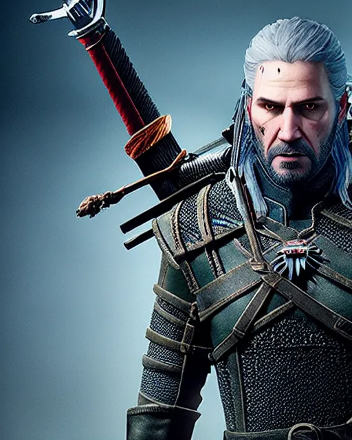 Image similar to Keanu Reevez in the role of Witcher III Gerald of Rivia, amazing short, 8K, IMAX, ultra detailed