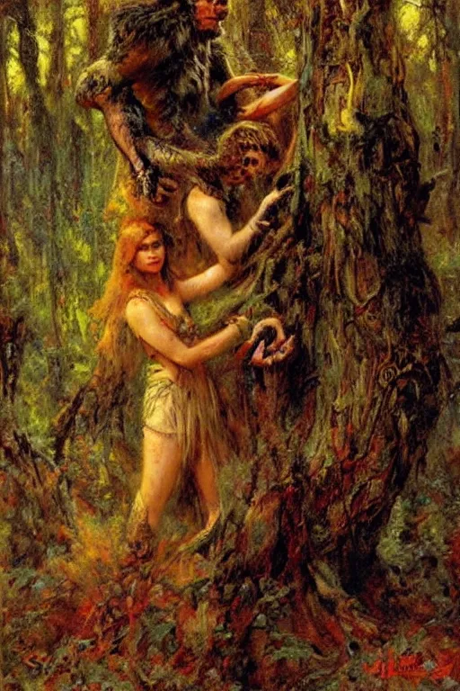 Prompt: the woods are full of monster comic cover. art by gaston bussiere.