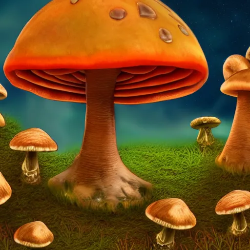 Image similar to mushroom castle at night, ultra realistic, 4 k resolution