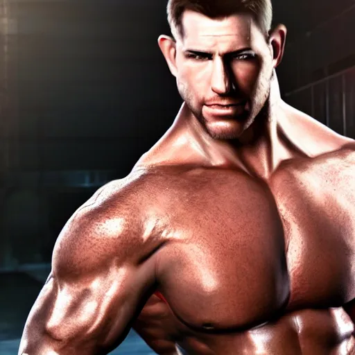 Image similar to a realistic detailed photo of a bodybuilder who is also a male android Chris Redfield, shiny skin, posing robotically, blank stare