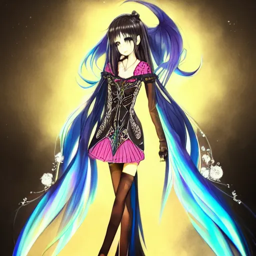 Image similar to a teenage anime girl wearing a very high intricate detailed dress made out of blue fire , full body, very long black/red hair, left eye is yellow and right eye is blue, heterochromatic eyes, intense stare, dress made out of blue fire, cinematic lighting, medium shot, MCU, trending on artstation, CSP, Photoshop, WLOP, Rossdraws, James Jean, Andrei Riabovitchev, Marc Simonetti, Anastasia Ovchinnikova, Véronique Meignaud, BEN MAIER and Sakimichan