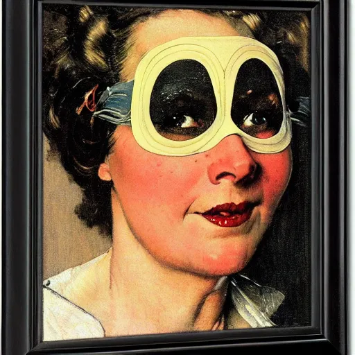 Image similar to frontal portrait of a woman with a theater mask, by norman rockwell