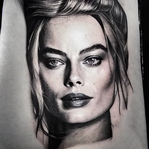 Image similar to tattoo design sketch of double exposure effect on margot robbie face and beautiful mountains, in the style of matteo pasqualin, amazing detail