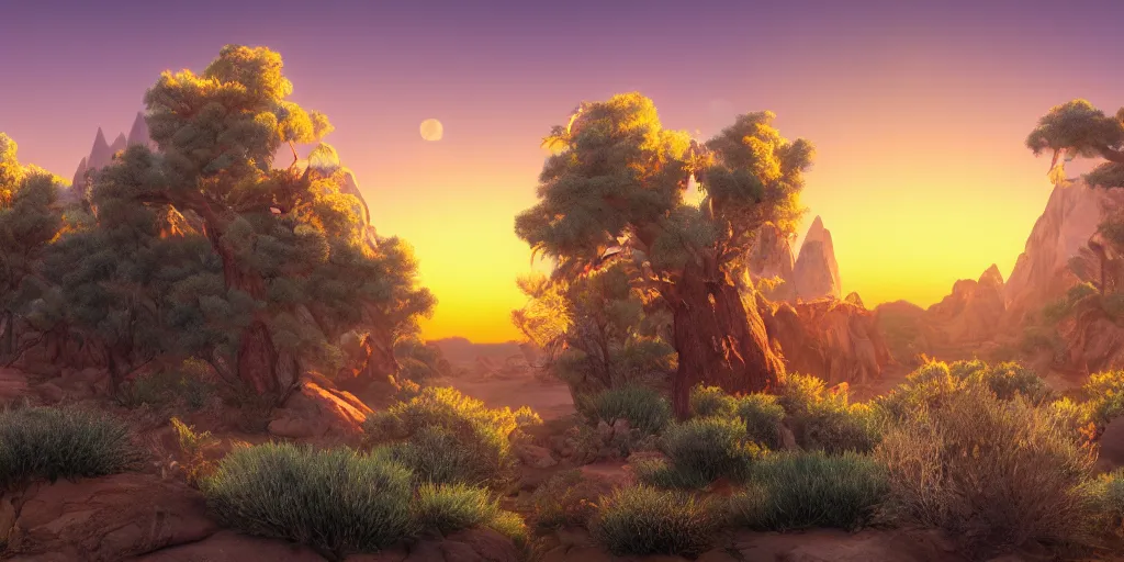 Image similar to ultra detailed and realistic painting of the sunset and a full moon in an environment of water mountains desert and forest inspired by very beautiful cute and colored disney movie backgrounds, rendered in 8 k unreal engine