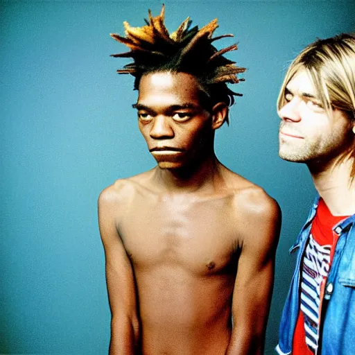 Image similar to medium format photo of basquiat and kurt cobain photographed by annie leibovitz in a hi end photo studio, color, photorealistic,