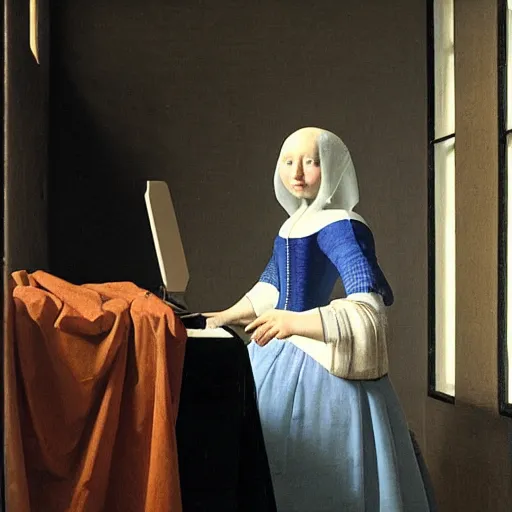 Prompt: painting of a royal female robot using a computer by Vermeer, Dutch Golden Age