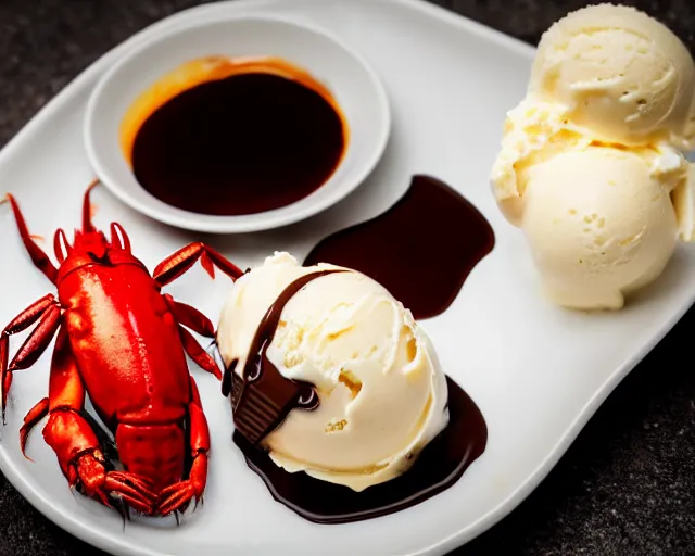 Prompt: dslr food photograph of a plate of vanilla ice cream with a crawfish, some chocolate sauce, 8 5 mm f 1. 4