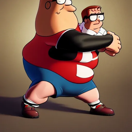 Prompt: peter griffin beating brian, from family guy, hyperrealism, octane render, 8 k, high resolution, art by artgerm