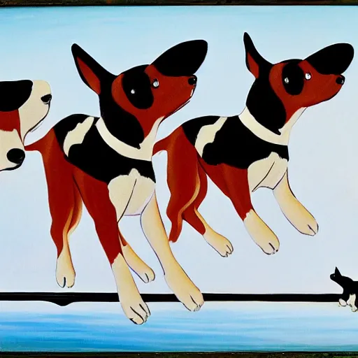 Image similar to biplane flying, piloted by identical 3 dogs, toy fox terrier breed, black and white spots, panting, tin tin painting