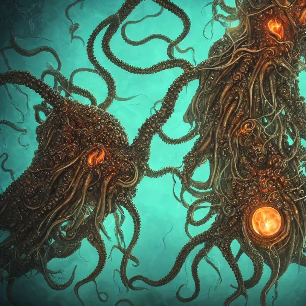 Image similar to close-up macro portrait of a Cthulhu and other fantastical sea creatures, epic angle and pose, ribcage bones symmetrical artwork, 3d with depth of field, blurred background, cybernetic jellyfish female face skull phoenix bird, translucent, nautilus, energy flows of water and fire. a highly detailed epic cinematic concept art CG render. made in Maya, Blender and Photoshop, octane render, excellent composition, cinematic dystopian brutalist atmosphere, dynamic dramatic cinematic lighting, aesthetic, very inspirational, arthouse. Greg Rutkowski, Ilya Kuvshinov, WLOP, Stanley Artgerm Lau, Ruan Jia and Fenghua Zhong