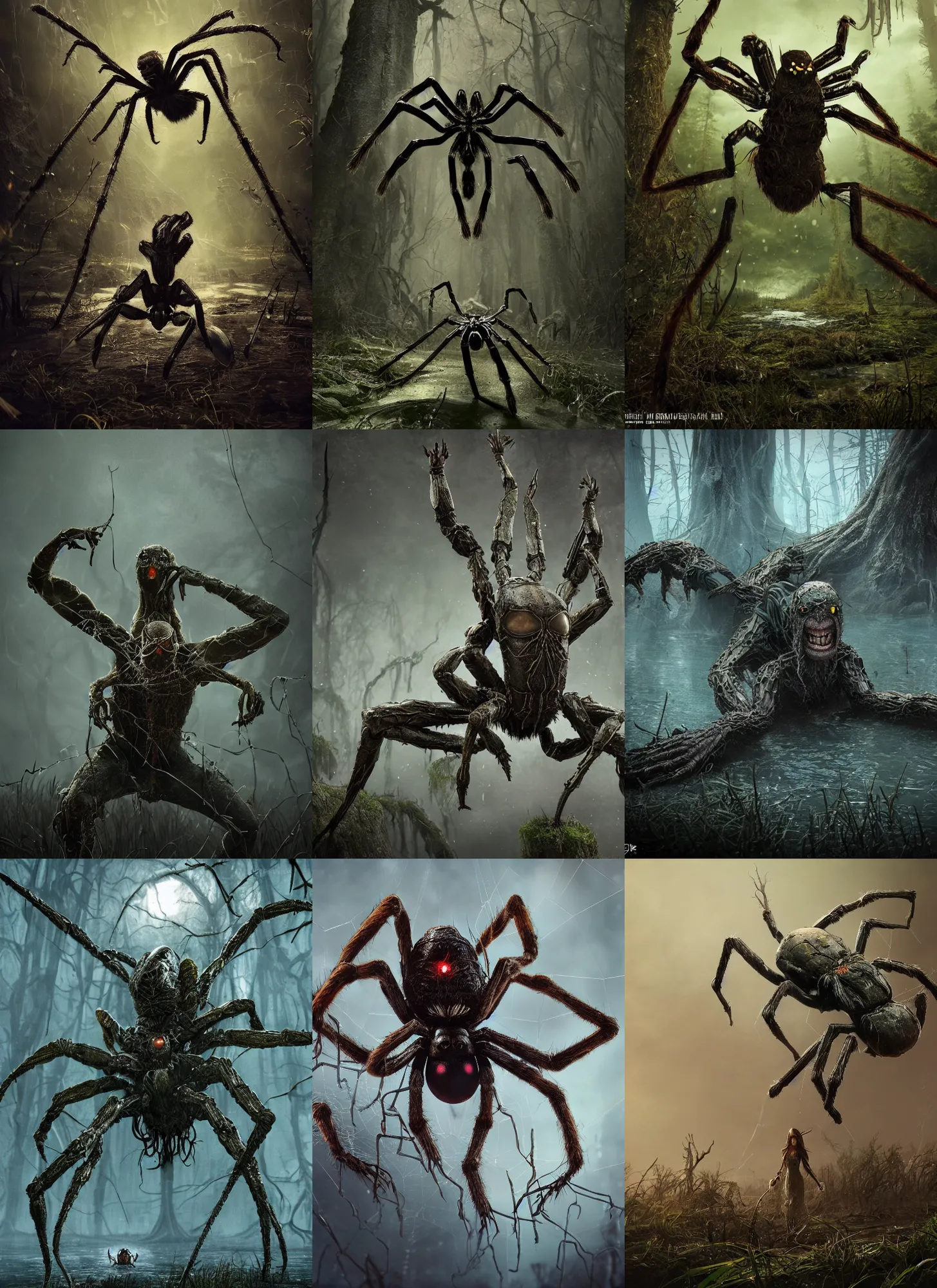 Prompt: spider living in the swamp Slavic mythology. Full body, dark fantasy, detailed and realistic, 4k, top-artstation, inspired Blizzard and Bethesda games, octane render