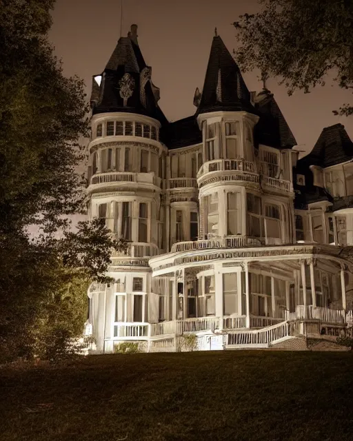 Image similar to a wide angle low photo of a ghostly victorian mansion at night