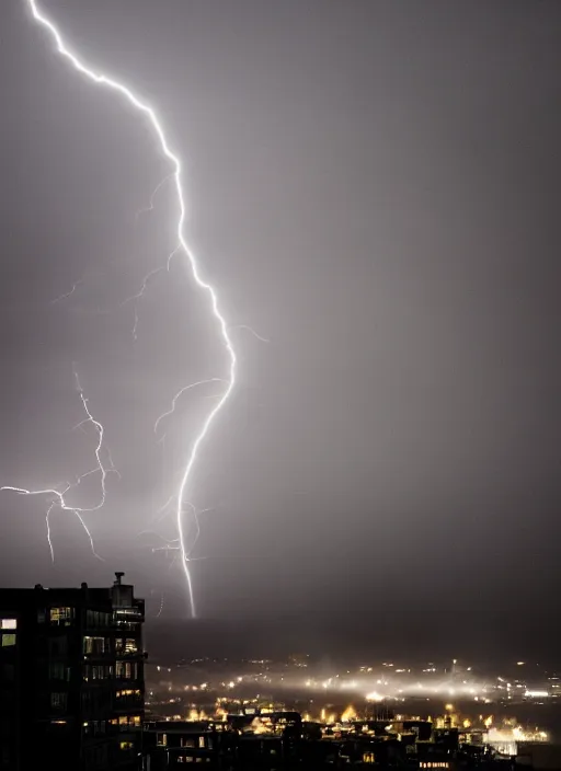 Prompt: a 2 8 mm macro photo of lightning striking the top of a building in a city, long exposure, misty, night, splash art, movie still, bokeh, canon 5 0 mm, cinematic lighting, dramatic, film, photography, golden hour, depth of field, award - winning, anamorphic lens flare, 8 k, hyper detailed, 3 5 mm film grain