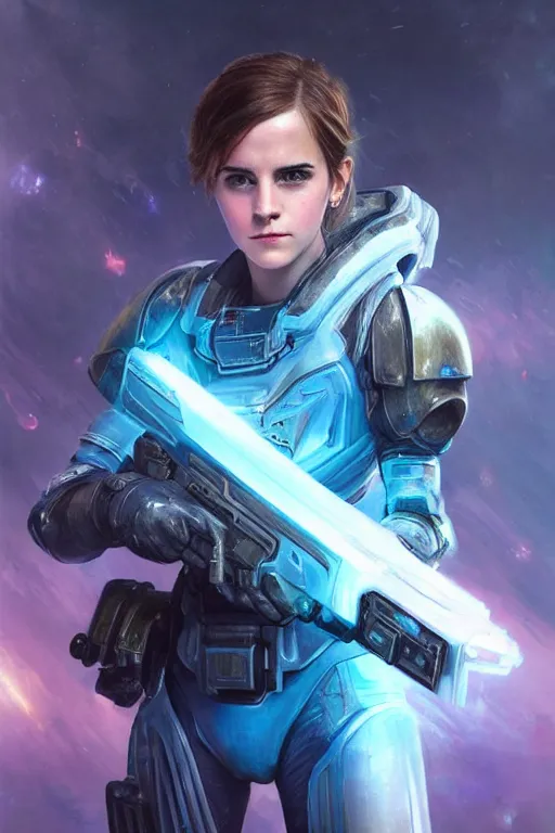 Image similar to emma watson in starcraft ii, hero pose, sci - fi, futuristic armor with blue neon lights, space marine, dramatic lighting, highly detailed, digital painting, 3 d render, hyper realistic detailed portrait, greg rutkowski, wlop, ruan jia, peter mohrbacher