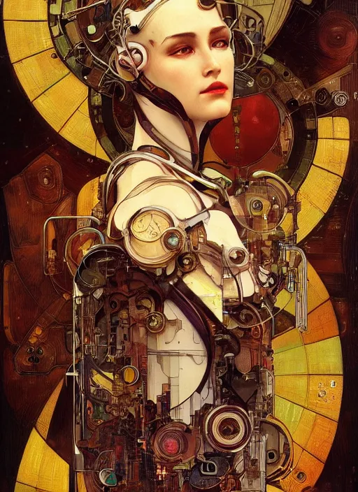 Image similar to portrait of a beautiful female android, coy, circuitry visible in head, in the style of ex machina, karol bak, alphonse mucha, artstation,