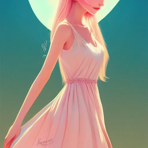 Image similar to happy adult female in sundress, summer dress, pastel light pink very long hair, muted colors, matte print, pastel colors, ornate, digital art, digital painting, fan art, elegant, artstation, head is centered, by Ilya Kuvshinov