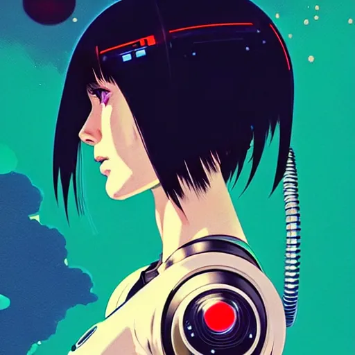 Image similar to side portrait scifi cyborg girl with robotic parts and spacesuit | | head only in center of image, audrey plaza, fine detail!! anime!! realistic shaded lighting!! poster by ilya kuvshinov katsuhiro otomo ghost - in - the - shell, magali villeneuve, artgerm, jeremy lipkin and michael garmash and rob rey