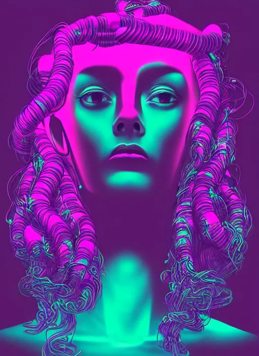 Image similar to medusa, beeple, vaporwave, retrowave, black background, neon wiring, black, glitch, strong contrast, cuts, pinterest, trending on artstation