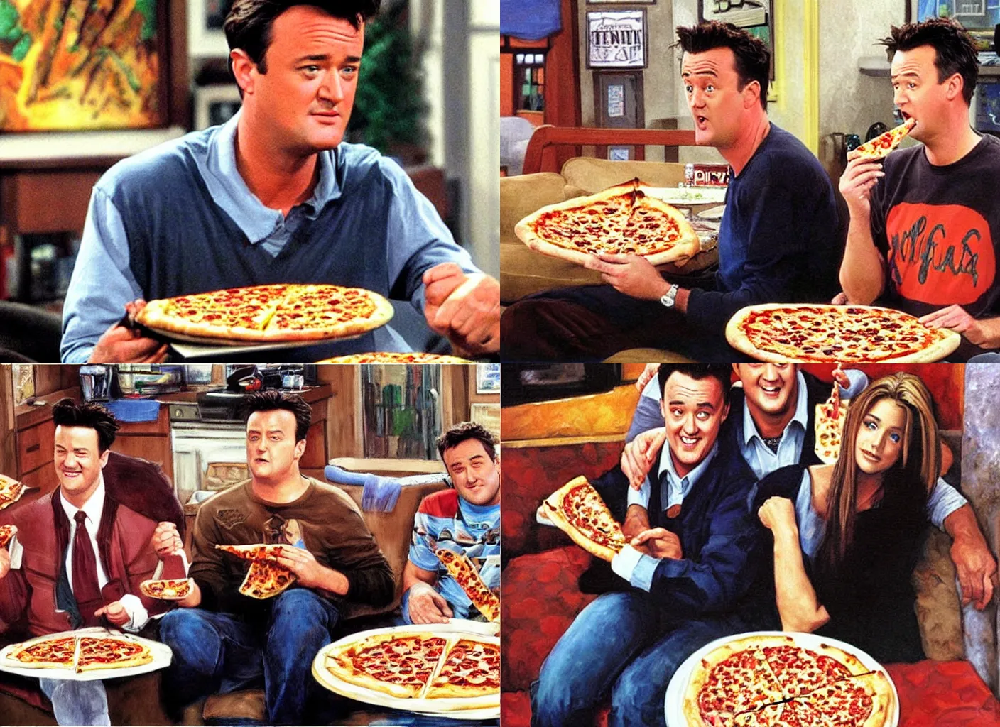 Prompt: chandler bing eating pizza, 'friends' tv show episode, epic painting by James gurney