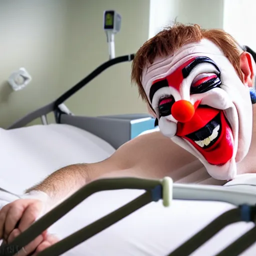 Image similar to confused laughing clown lying in hospital bed with wrist restraints on, restraint fabric straps attached to hospital bed, photograph, 8 k