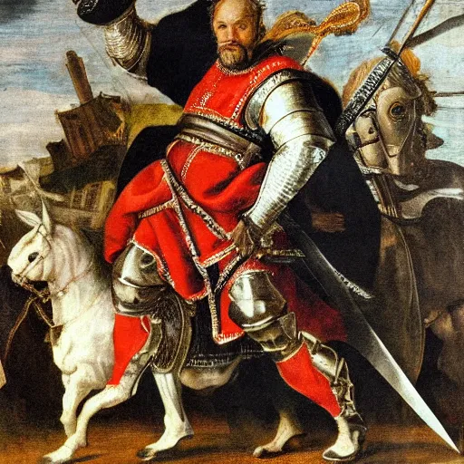 Image similar to donald trump, donald trump, wearing knight ’ s armor, holding a spectacular broadsword, by annibale carracci, two arms, two legs, donald trump ’ s face, donald trump, symmetrical face, highly detailed face, perfect face