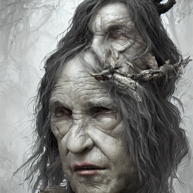 Image similar to a hyperrealistic fantasy portrait illustration of Baba-Yaga. Trending on ArtStation. In the style of Jason Chan, Tuomas Korpi and WLOP.