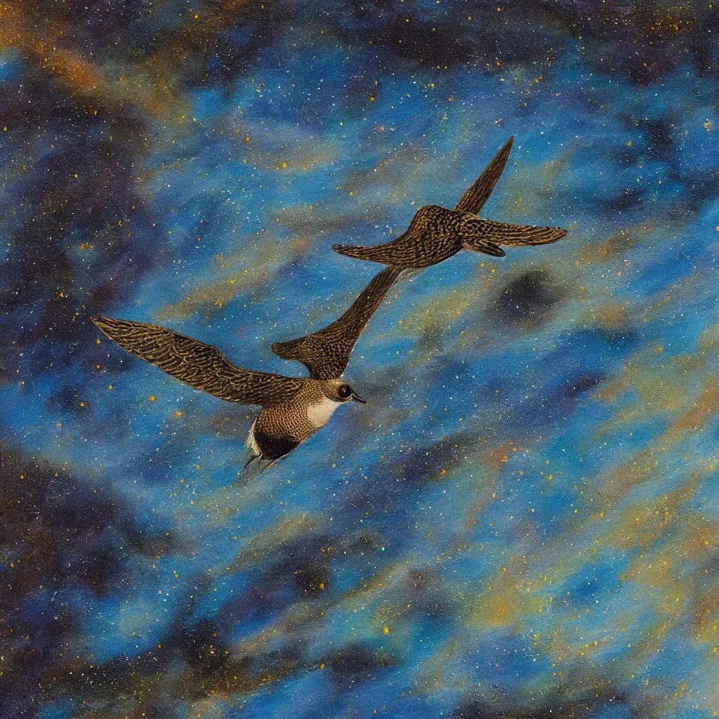 Prompt: oil painting closeup of a pacific golden plover flying in front of a swirling galaxy, shimmering stars, milky way