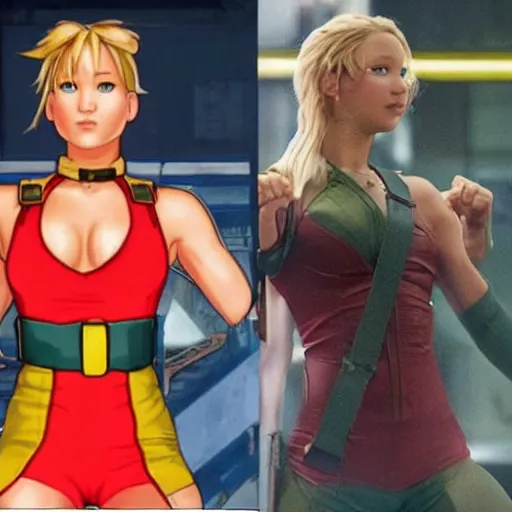 Prompt: Jennifer Lawrence staring as Cammy in Street Fighter 2029 movie