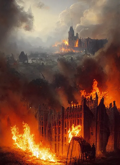 Image similar to a medieval castle burns, epic atmosphere, by greg rutkowski, nature by asher brown durand, composition by yoshitaka amano