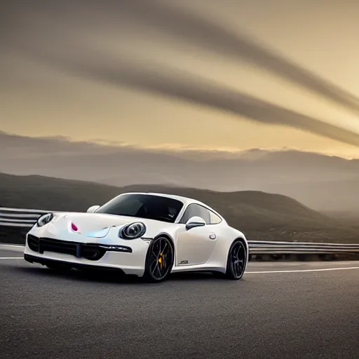 Image similar to “white 2018 porsche 911 racing down a highway, golden hour photograph, car photography, 4k professional photo”