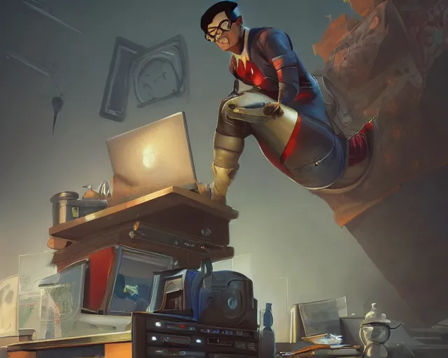 Image similar to an insanely detailed painting of a nerdy asian man wearing a superhero costume, sitting at a desk, staring at the nervously at the computer and typing, in the style of peter mohrbacher, dramatic lighting and composition, octane render, pixar, trending on artstation, concept art, comic book, view from behind