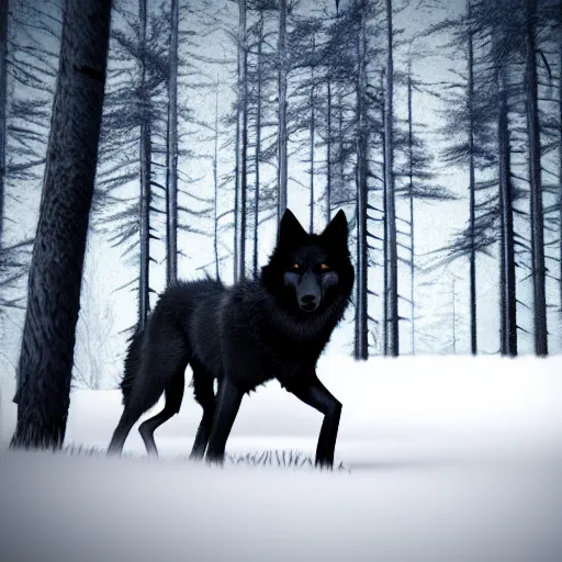 Prompt: a menacing black wolf with red eyes stalking through a dark lonely forest, menacing, 8k, high detail, 3d render